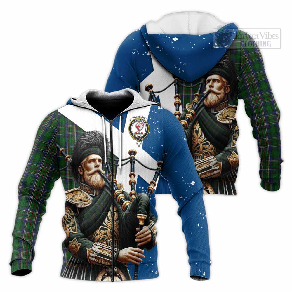 Tartan Vibes Clothing Cockburn Tartan Knitted Hoodie with Family Crest Scottish Bagpiper Vibes