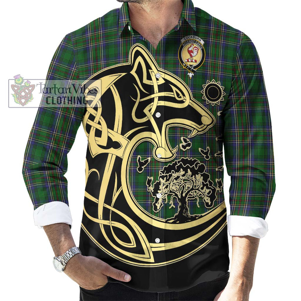 Cockburn Tartan Long Sleeve Button Shirt with Family Crest Celtic Wolf Style - Tartan Vibes Clothing