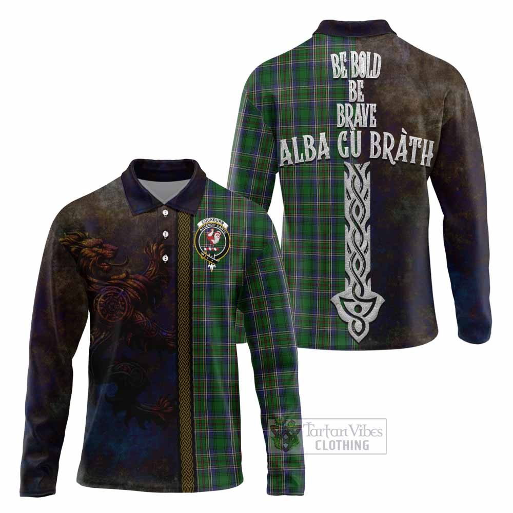Tartan Vibes Clothing Cockburn Tartan Family Crest Long Sleeve Polo Shirt Alba Gu Brath Be Brave Lion Ancient Style