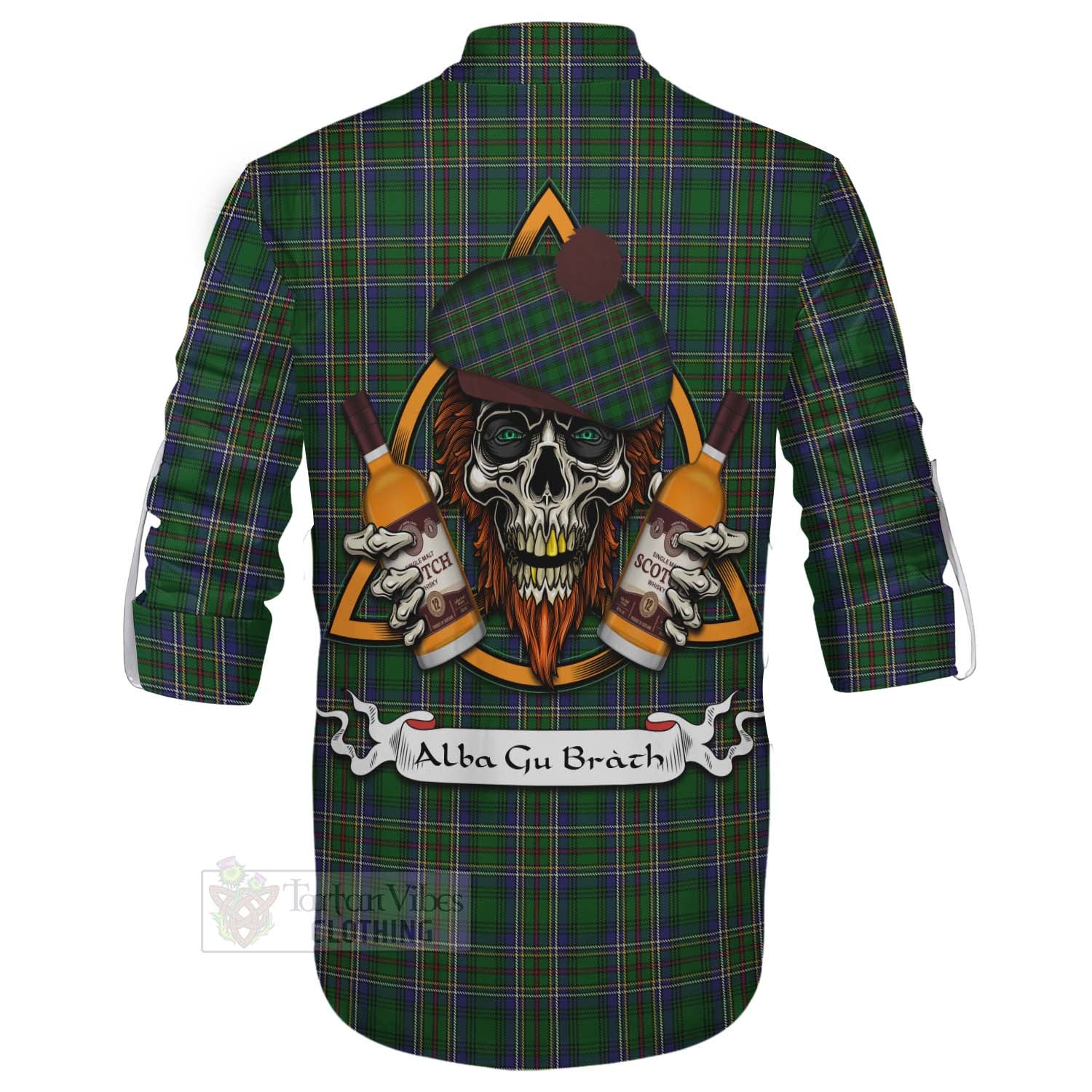Tartan Vibes Clothing Cockburn Tartan Ghillie Kilt Shirt with Family Crest and Bearded Skull Holding Bottles of Whiskey