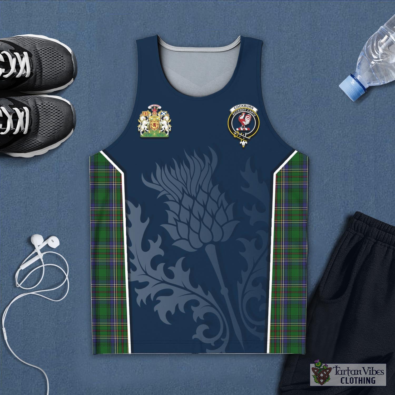 Tartan Vibes Clothing Cockburn Tartan Men's Tanks Top with Family Crest and Scottish Thistle Vibes Sport Style