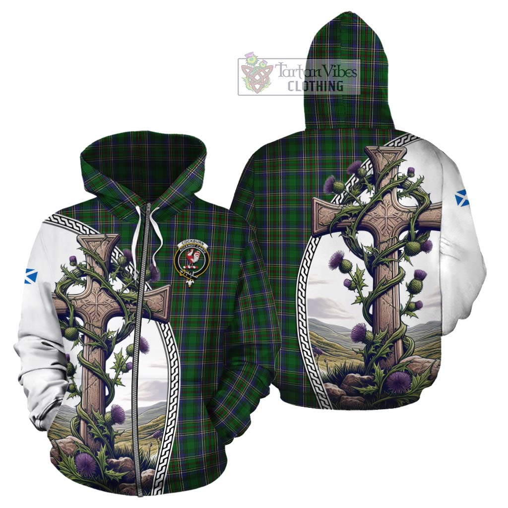 Tartan Vibes Clothing Cockburn Tartan Cotton Hoodie with Family Crest and St. Andrew's Cross Accented by Thistle Vines
