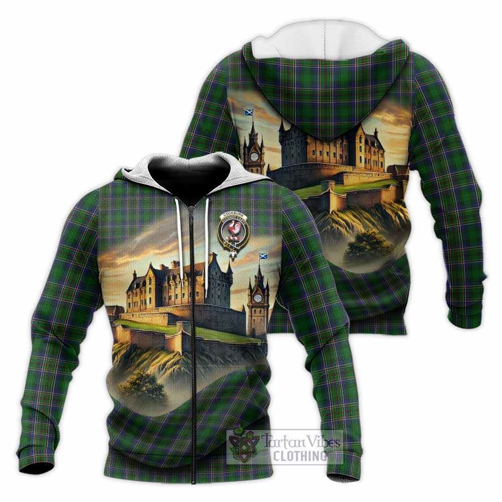 Tartan Vibes Clothing Cockburn Tartan Family Crest Knitted Hoodie with Scottish Ancient Castle Style