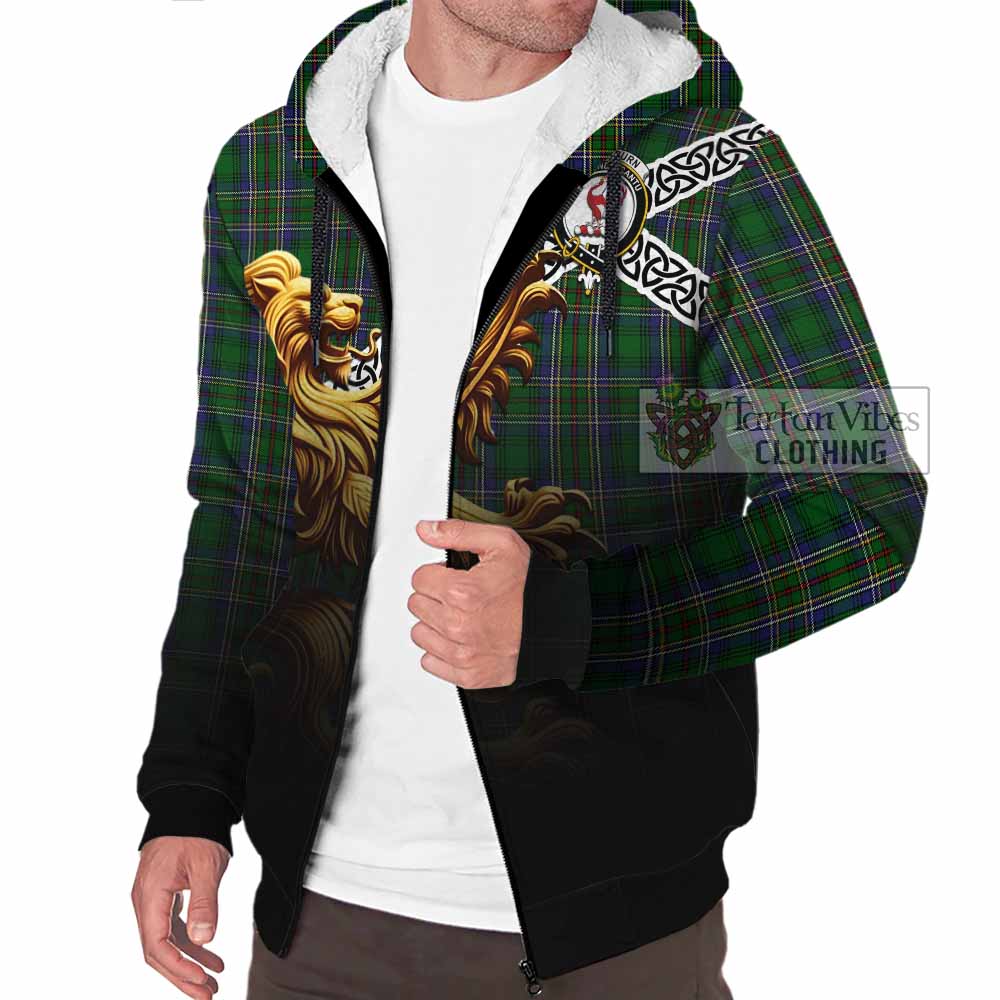 Tartan Vibes Clothing Cockburn Crest Tartan Sherpa Hoodie with Golden Lion Emblem Celtic Style
