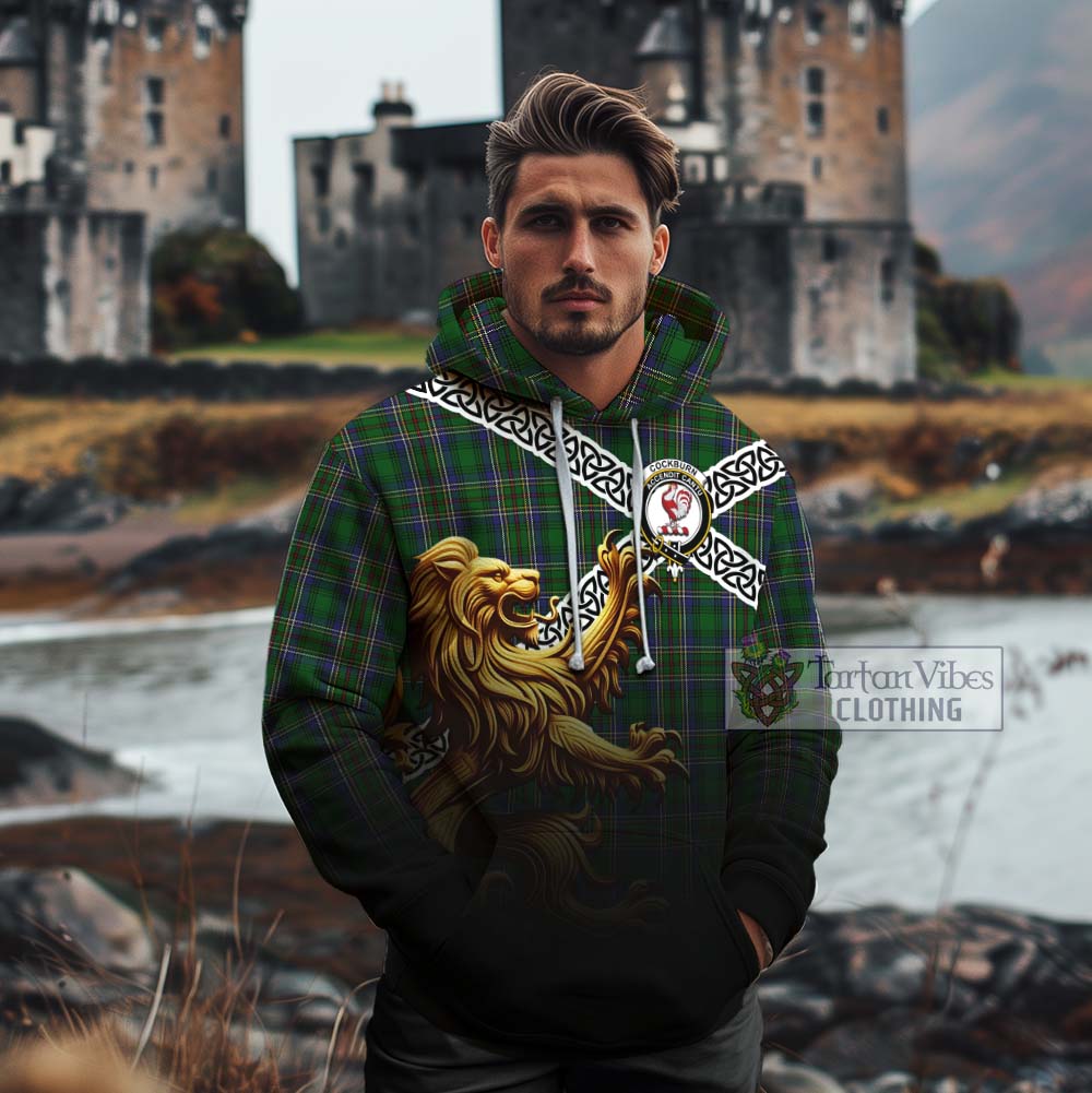 Tartan Vibes Clothing Cockburn Crest Tartan Cotton Hoodie with Golden Lion Emblem Celtic Style