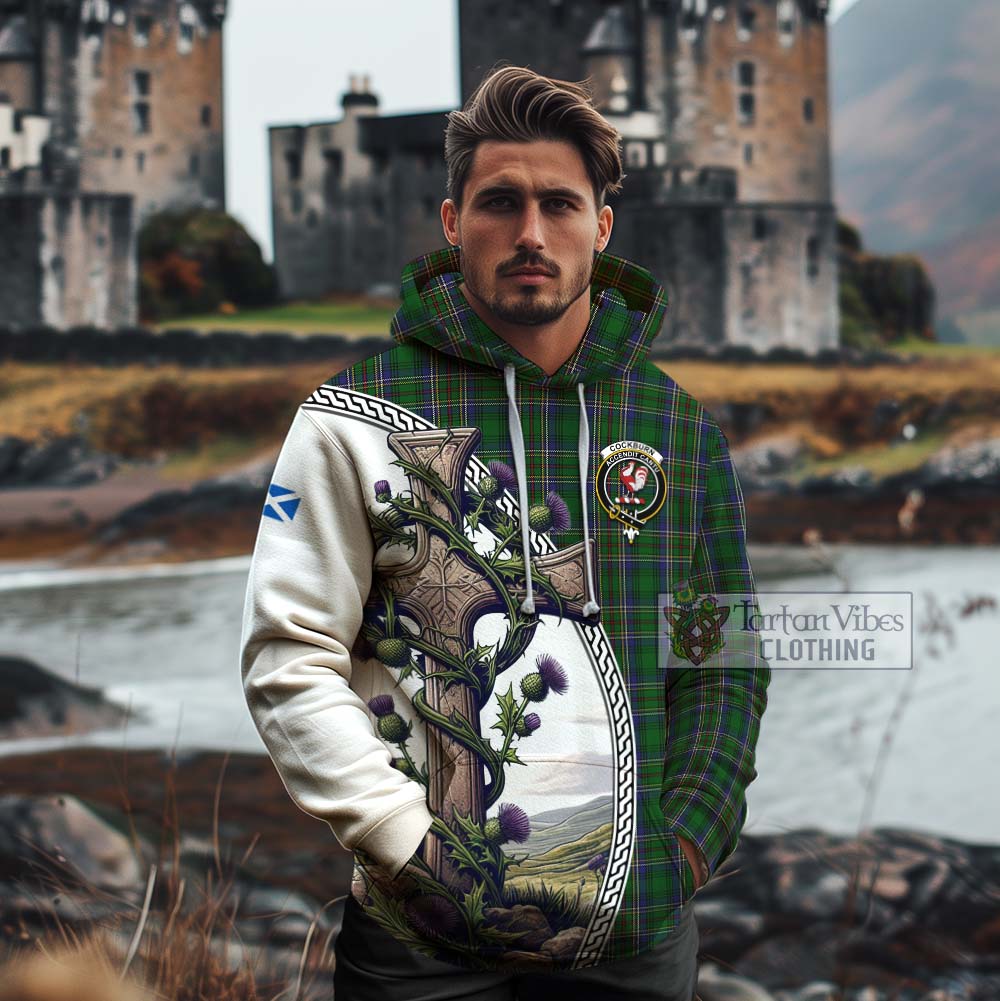 Tartan Vibes Clothing Cockburn Tartan Cotton Hoodie with Family Crest and St. Andrew's Cross Accented by Thistle Vines
