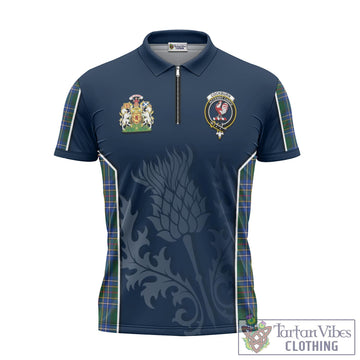 Cockburn Ancient Tartan Zipper Polo Shirt with Family Crest and Scottish Thistle Vibes Sport Style