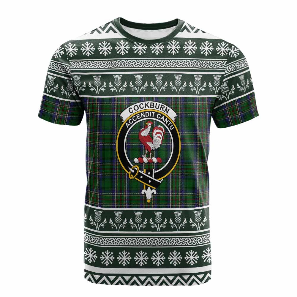 Cockburn Clan Tartan Christmas Cotton T-shirt with Family Crest - Tartan Vibes Clothing
