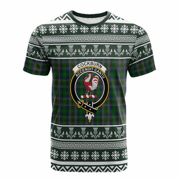 Cockburn Clan Tartan Christmas Cotton T-shirt with Family Crest