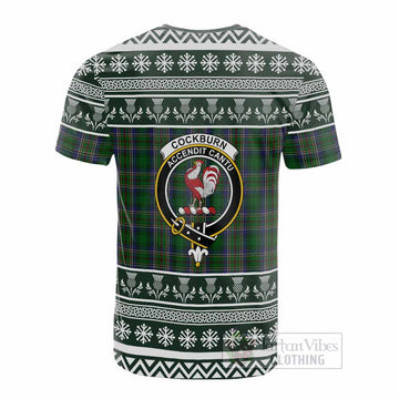 Cockburn Clan Tartan Christmas Cotton T-shirt with Family Crest
