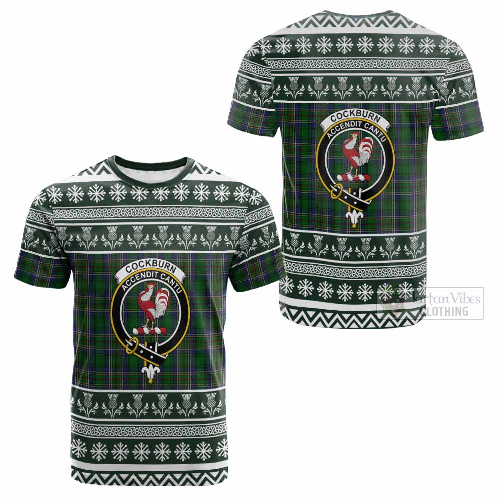 Cockburn Clan Tartan Christmas Cotton T-shirt with Family Crest - Tartan Vibes Clothing