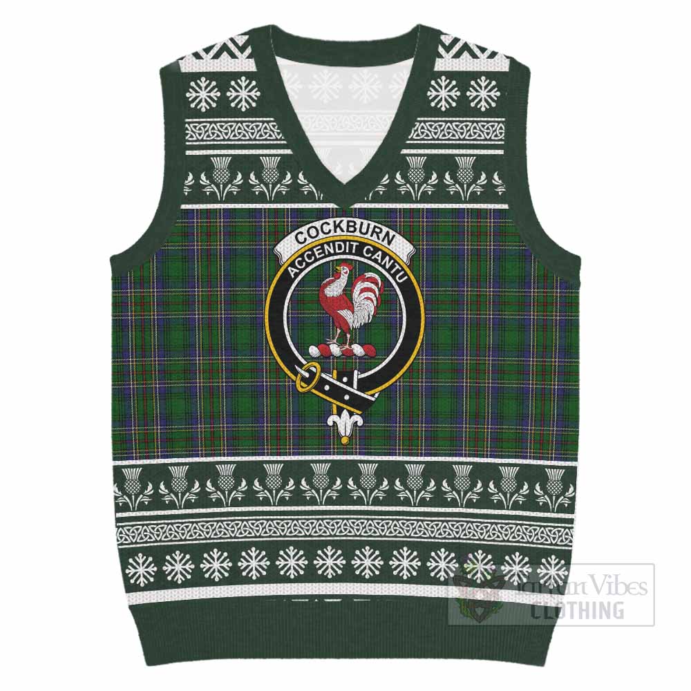 Cockburn Clan Tartan Christmas Knitted V-Neck Vest with Family Crest - Tartan Vibes Clothing