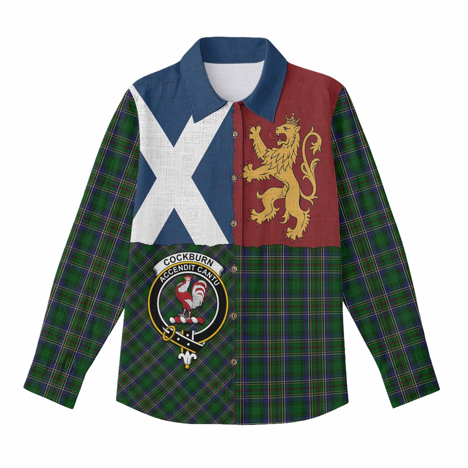 Cockburn Crest Tartan Women Casual Shirt with Lion Rampant Saltire Style