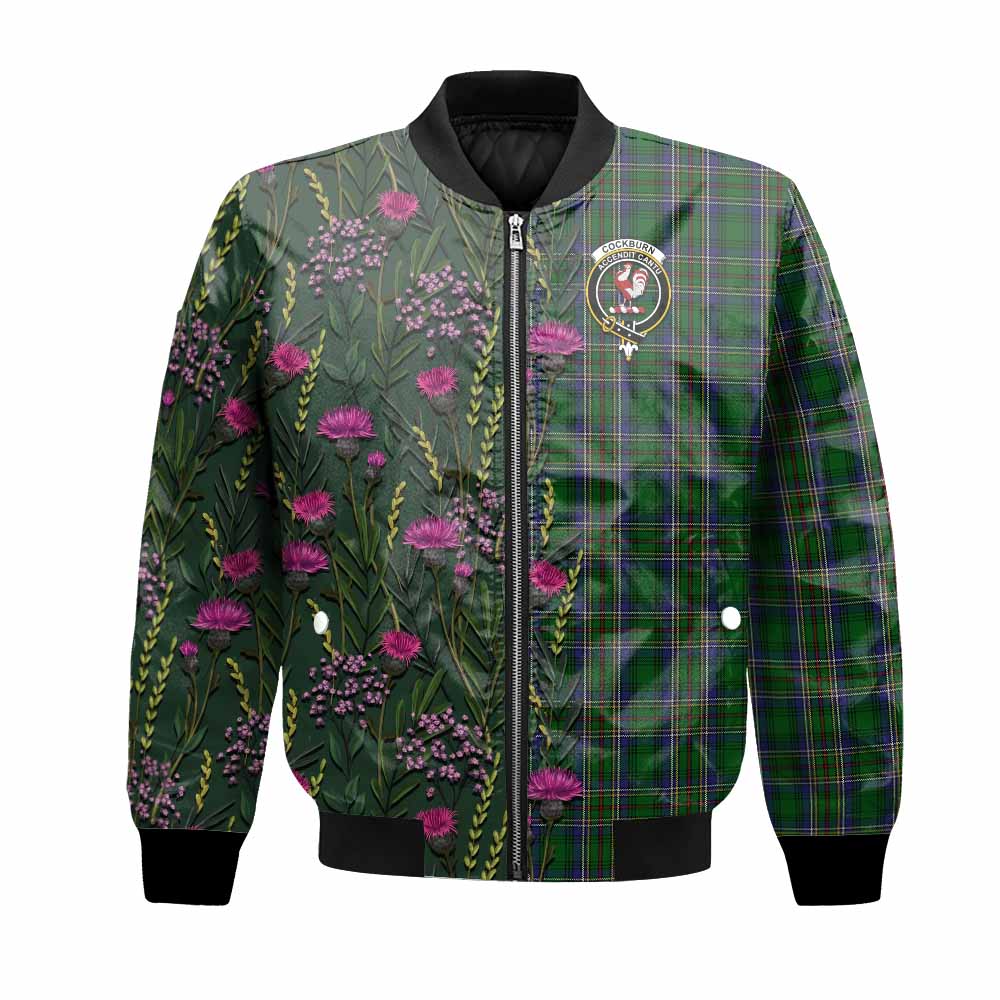Cockburn Family Crest Tartan Bomber Jacket Scottish Thistle Flower Pattern Half Style - Tartan Vibes Clothing