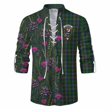 Cockburn Family Crest Tartan Ghillie Shirt Scottish Thistle Flower Pattern Half Style