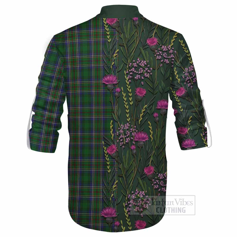 Cockburn Family Crest Tartan Ghillie Shirt Scottish Thistle Flower Pattern Half Style - Tartan Vibes Clothing