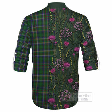 Cockburn Family Crest Tartan Ghillie Shirt Scottish Thistle Flower Pattern Half Style