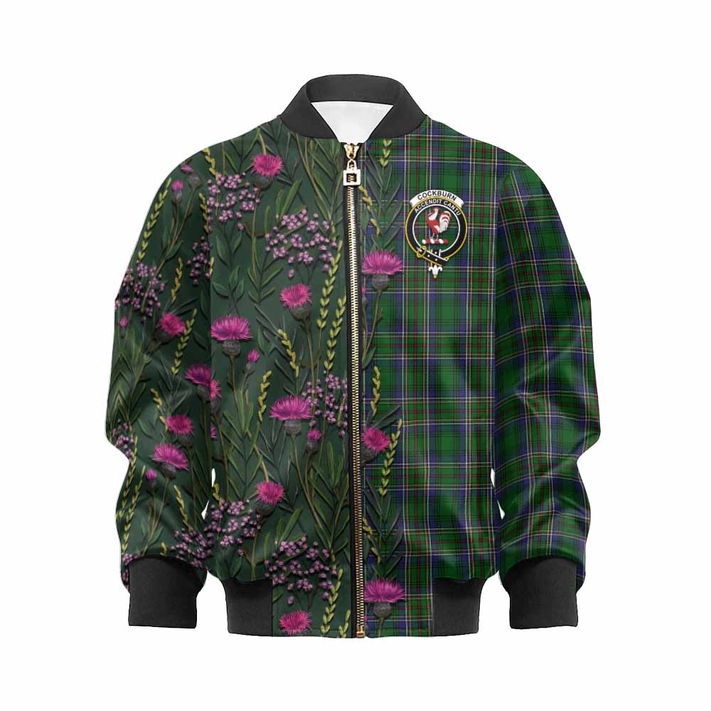 Cockburn Family Crest Tartan Kid Bomber Jacket Scottish Thistle Flower Pattern Half Style - Tartan Vibes Clothing