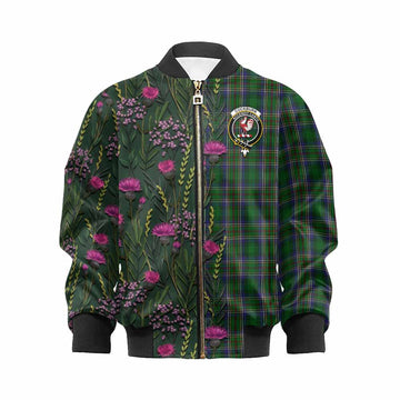 Cockburn Family Crest Tartan Kid Bomber Jacket Scottish Thistle Flower Pattern Half Style - Tartan Vibes Clothing