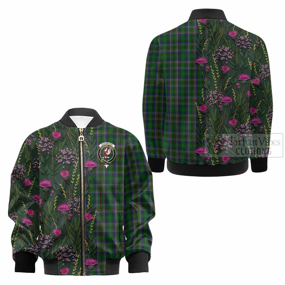 Cockburn Family Crest Tartan Kid Bomber Jacket Scottish Thistle Flower Pattern Half Style - Tartan Vibes Clothing