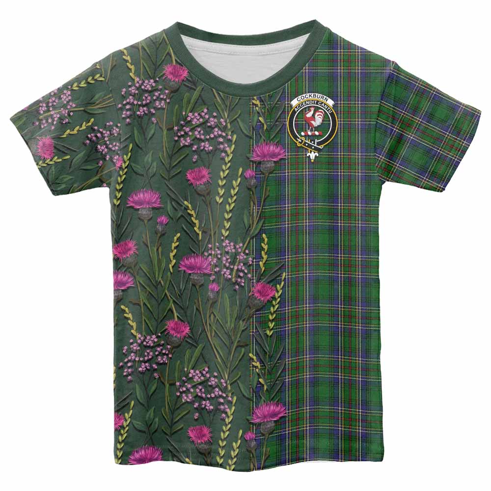 Cockburn Family Crest Tartan Kid T-shirt Scottish Thistle Flower Pattern Half Style - Tartan Vibes Clothing