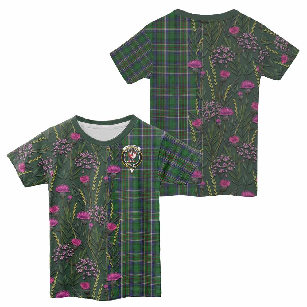 Cockburn Family Crest Tartan Kid T-shirt Scottish Thistle Flower Pattern Half Style - Tartan Vibes Clothing
