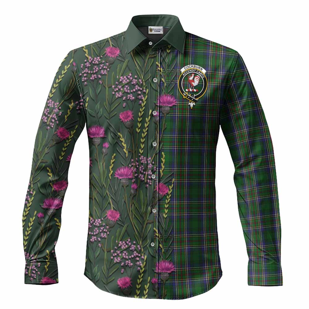 Cockburn Family Crest Tartan Long Sleeve Button Shirts Scottish Thistle Flower Pattern Half Style - Tartan Vibes Clothing
