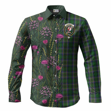 Cockburn Family Crest Tartan Long Sleeve Button Shirts Scottish Thistle Flower Pattern Half Style - Tartan Vibes Clothing