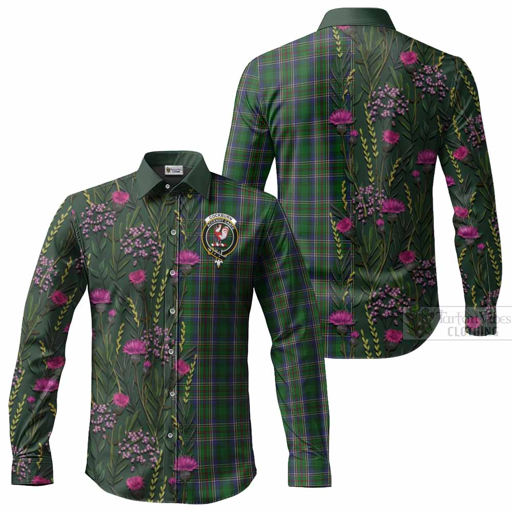 Cockburn Family Crest Tartan Long Sleeve Button Shirts Scottish Thistle Flower Pattern Half Style - Tartan Vibes Clothing