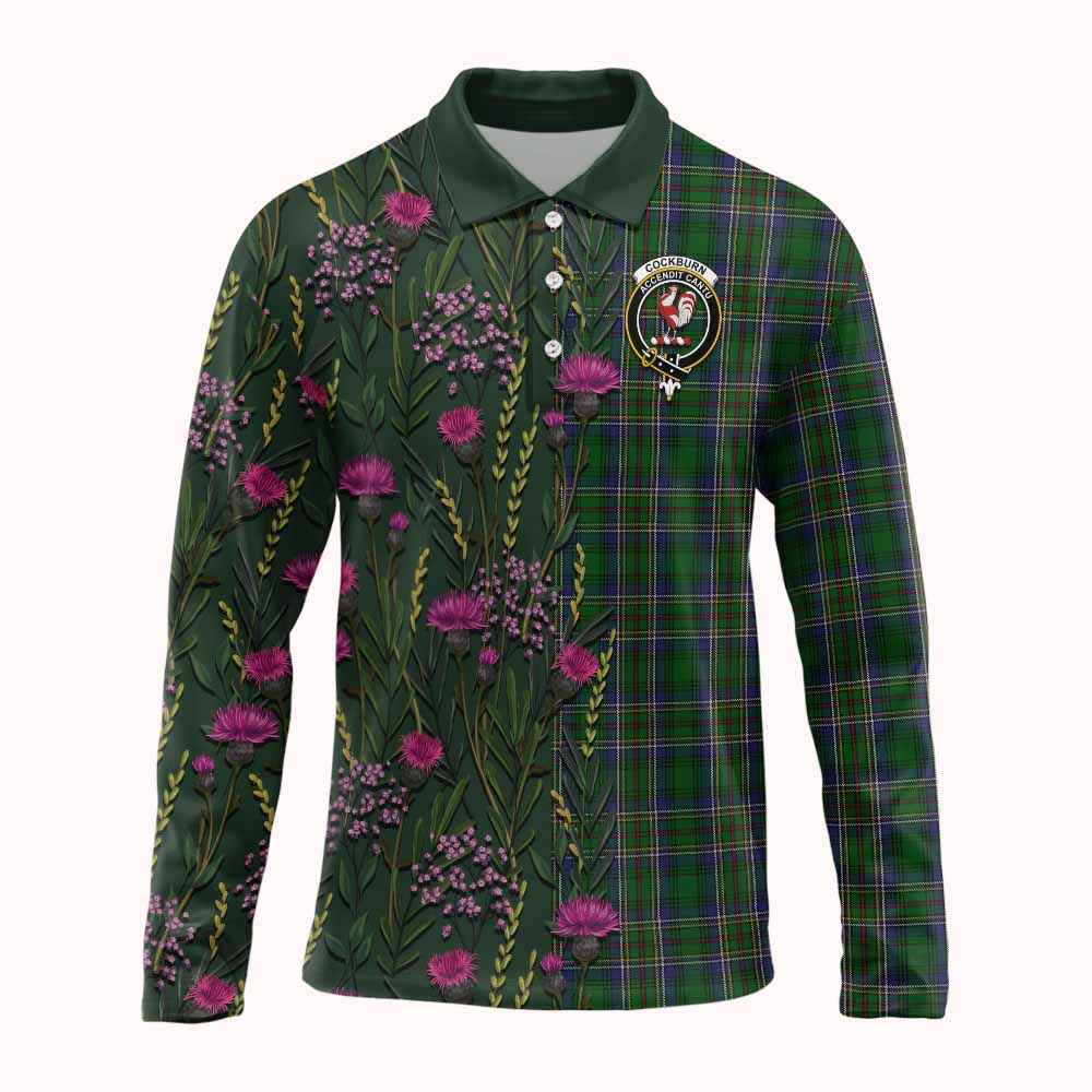 Cockburn Family Crest Tartan Long Sleeve Polo Shirt Scottish Thistle Flower Pattern Half Style - Tartan Vibes Clothing