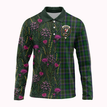 Cockburn Family Crest Tartan Long Sleeve Polo Shirt Scottish Thistle Flower Pattern Half Style