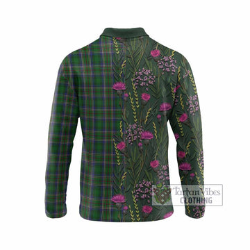 Cockburn Family Crest Tartan Long Sleeve Polo Shirt Scottish Thistle Flower Pattern Half Style