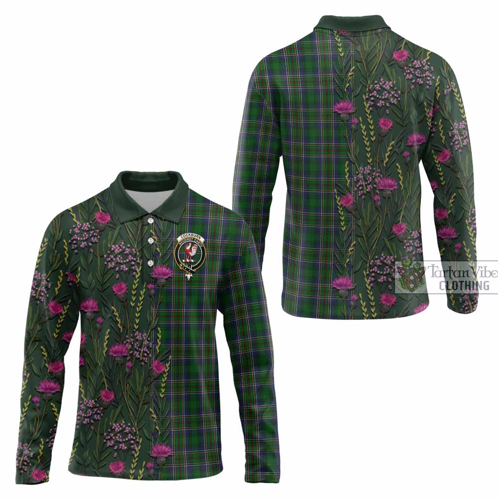 Cockburn Family Crest Tartan Long Sleeve Polo Shirt Scottish Thistle Flower Pattern Half Style - Tartan Vibes Clothing