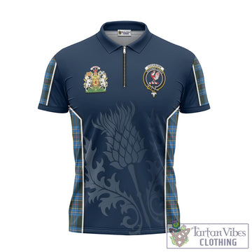 Cockburn Modern Tartan Zipper Polo Shirt with Family Crest and Scottish Thistle Vibes Sport Style