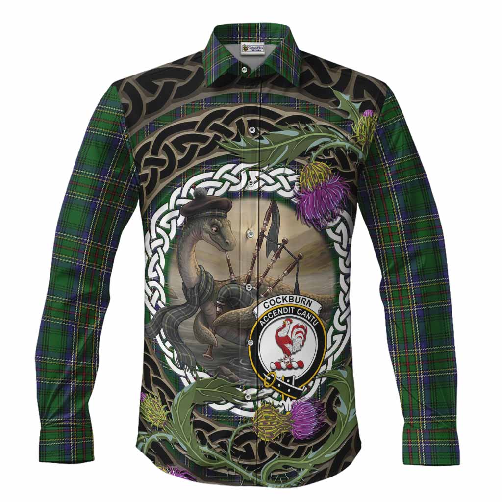 Cockburn Tartan Crest Bagpipe Nessie Long Sleeve Button Shirts Scottish Loch Ness Monster Celtic Thistle