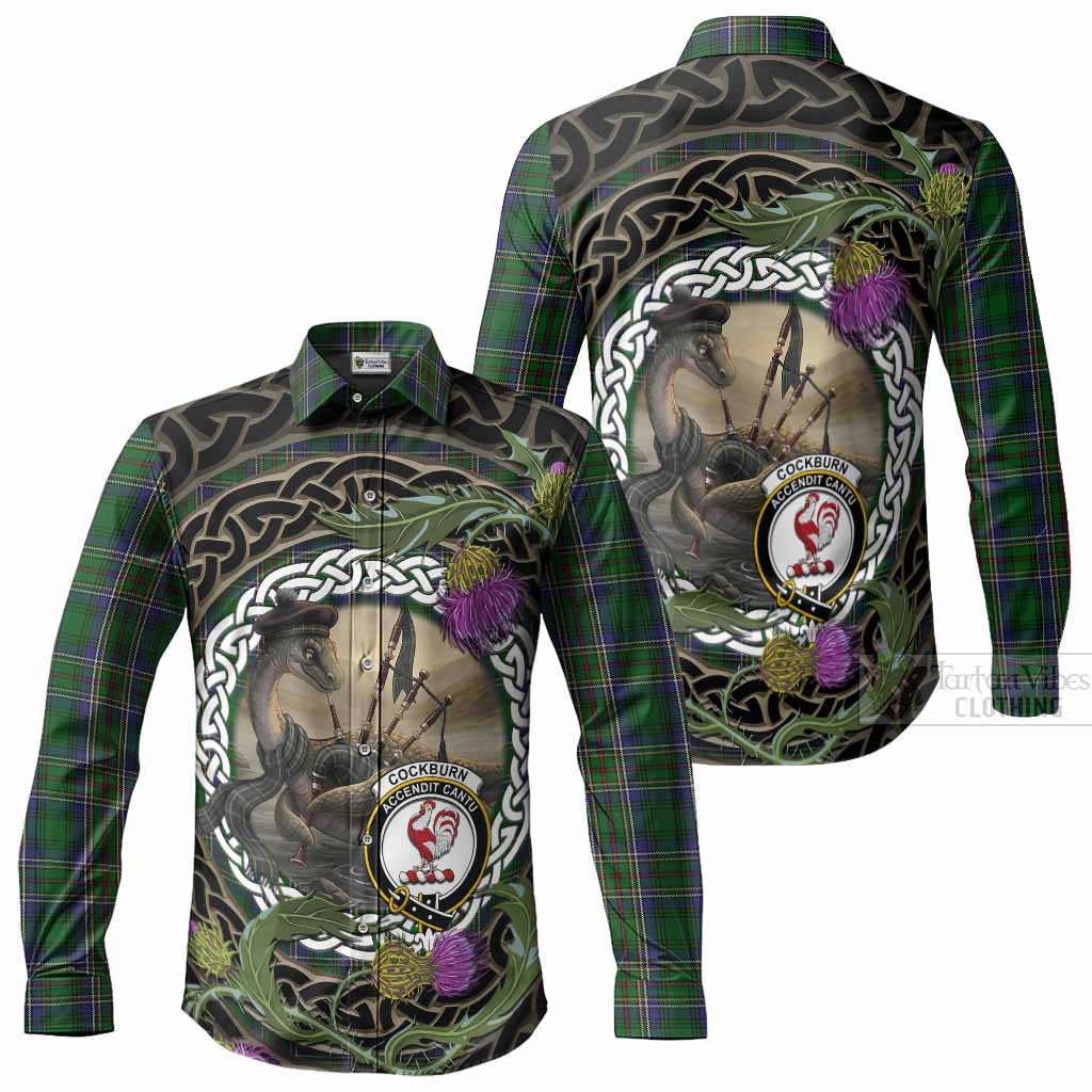 Cockburn Tartan Crest Bagpipe Nessie Long Sleeve Button Shirts Scottish Loch Ness Monster Celtic Thistle