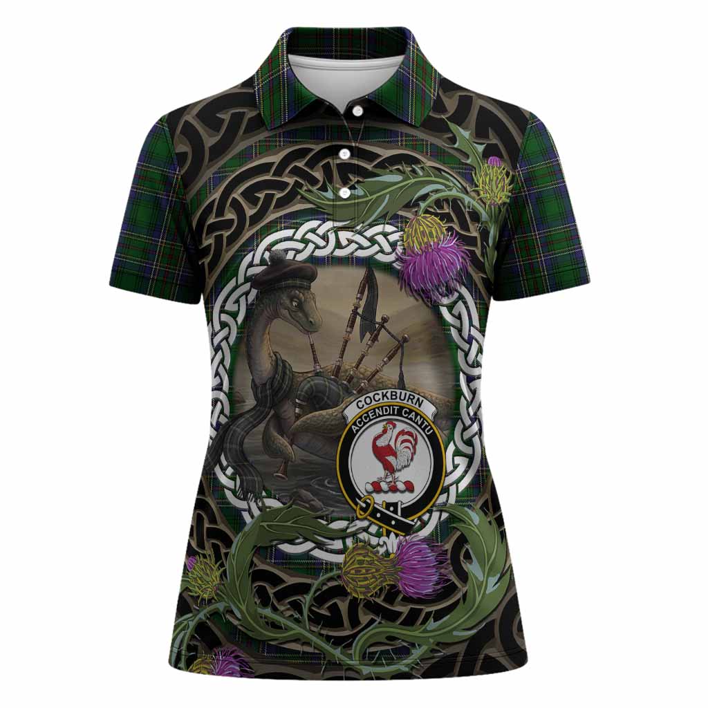 Cockburn Tartan Crest Bagpipe Nessie Women Polo Shirt Scottish Loch Ness Monster Celtic Thistle
