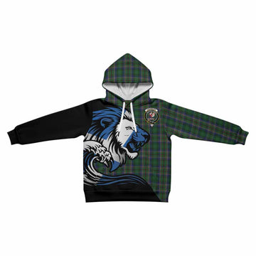 Cockburn Tartan Crest Kid Hoodie Scottish Golden Lions Wave Flow