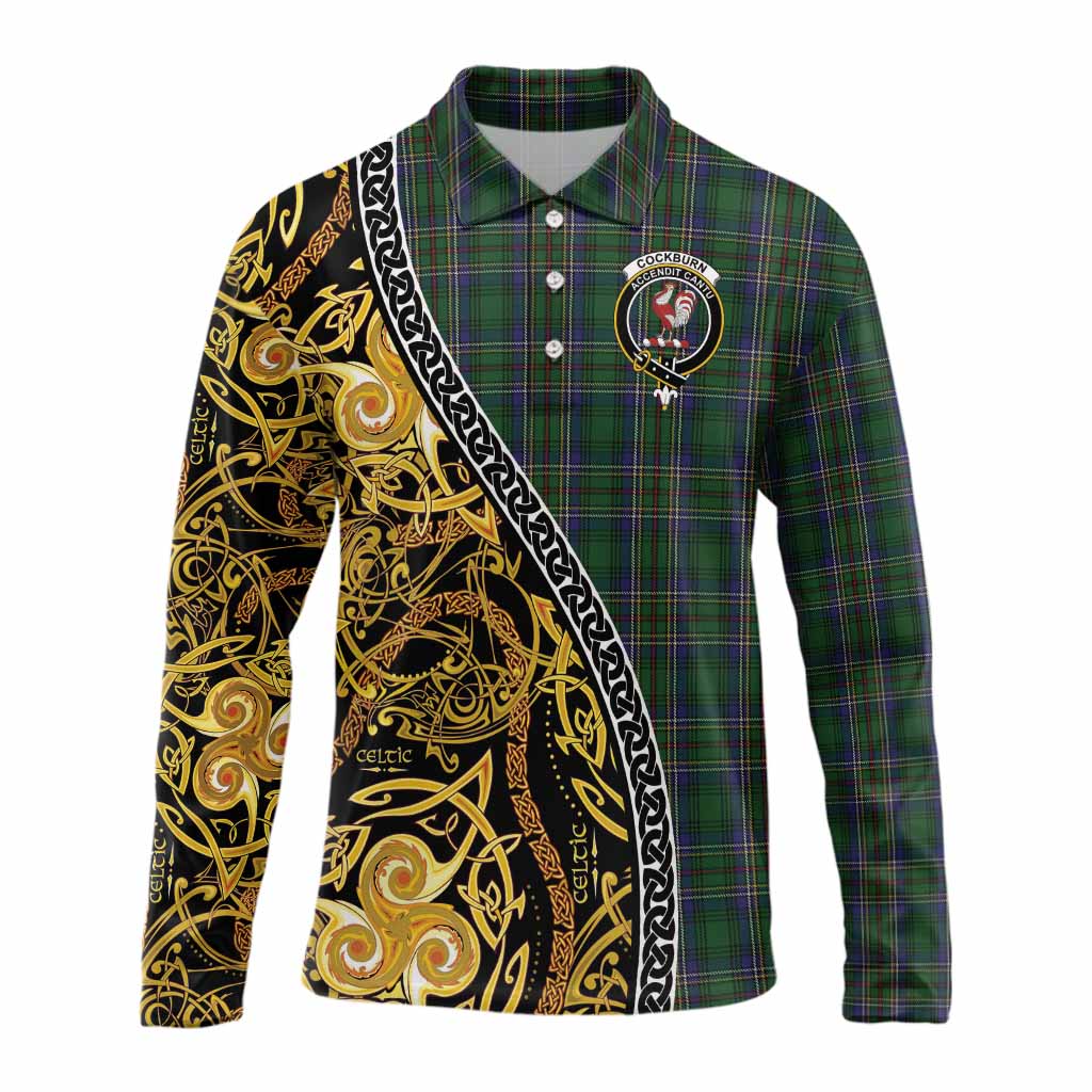 Cockburn Tartan Crest Long Sleeve Polo Shirt Celtic Knot and Triple Trickle Spiral Symbols