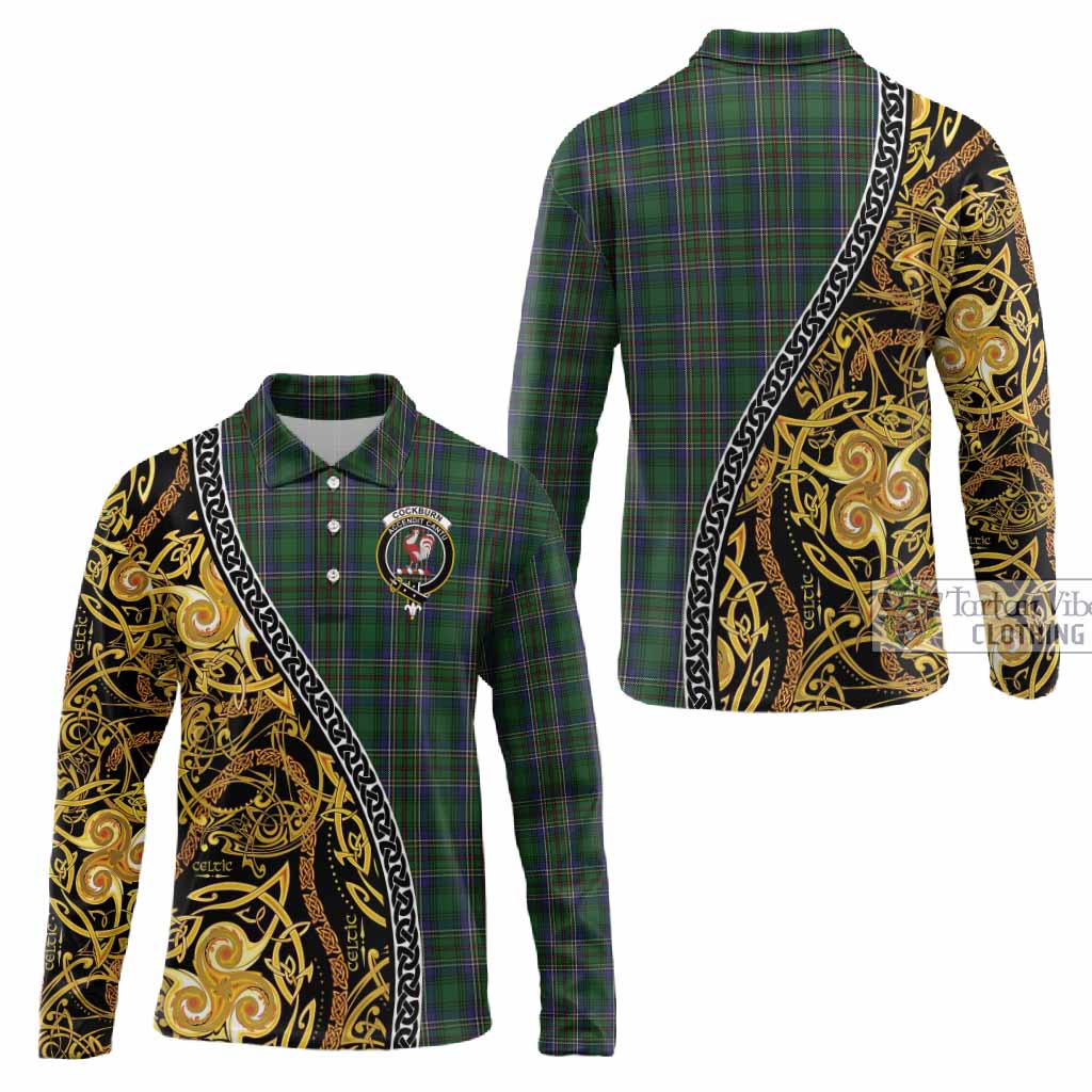 Cockburn Tartan Crest Long Sleeve Polo Shirt Celtic Knot and Triple Trickle Spiral Symbols