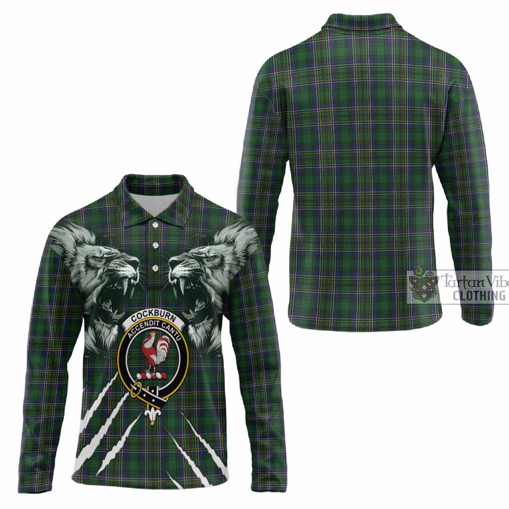 Cockburn Tartan Crest Long Sleeve Polo Shirt Ferocious Lion Style