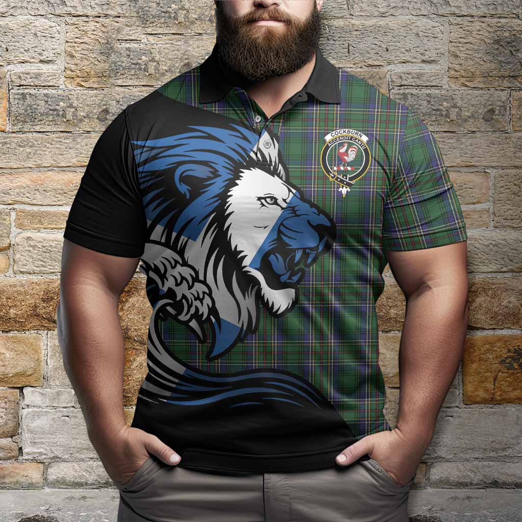 Cockburn Tartan Crest Polo Shirt Scottish Golden Lions Wave Flow