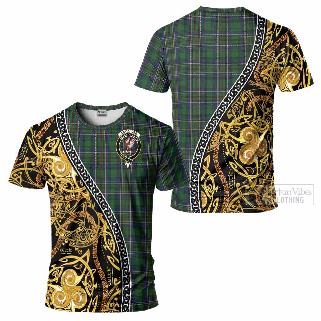 Cockburn Tartan Crest T-Shirt Celtic Knot and Triple Trickle Spiral Symbols