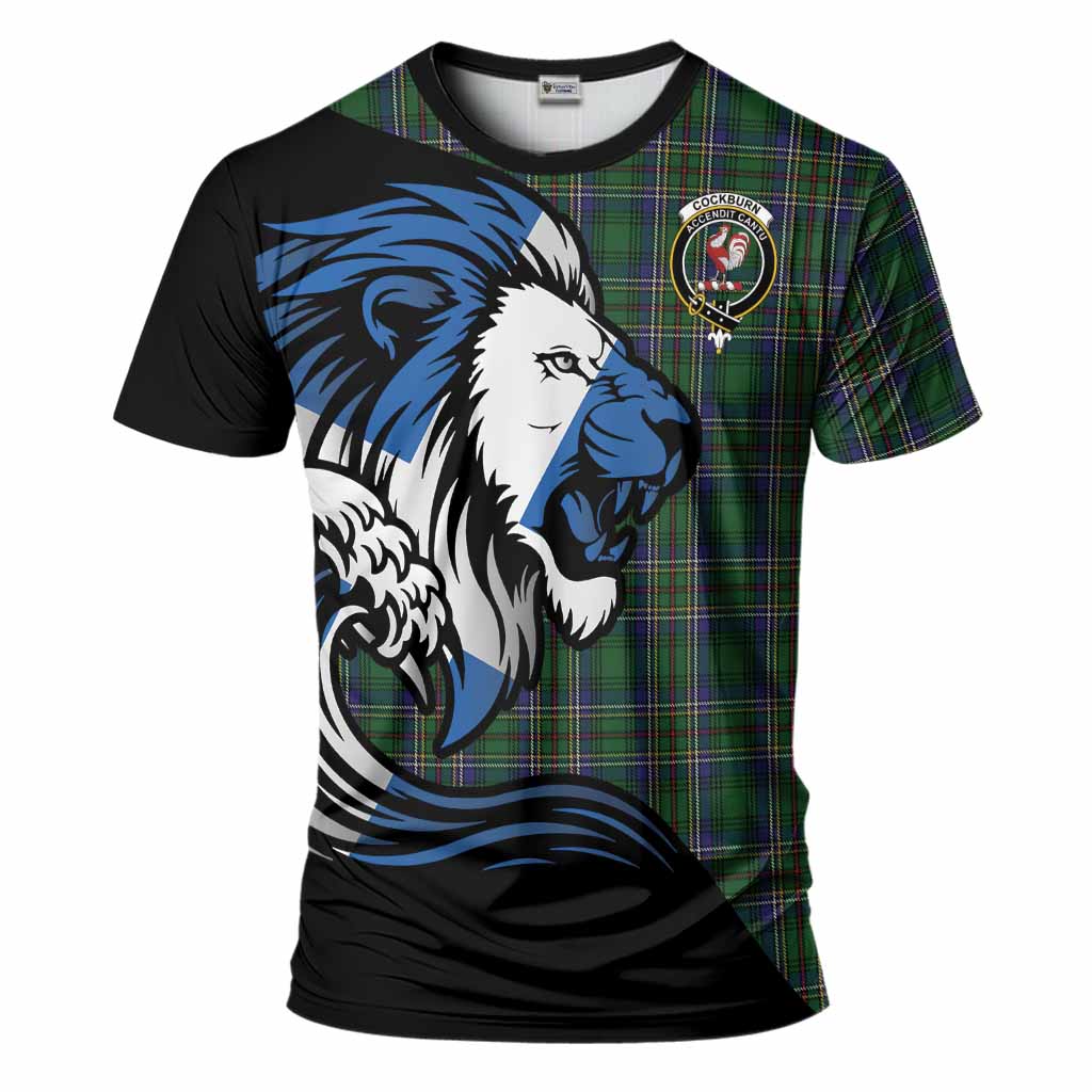 Cockburn Tartan Crest T-Shirt Scottish Golden Lions Wave Flow