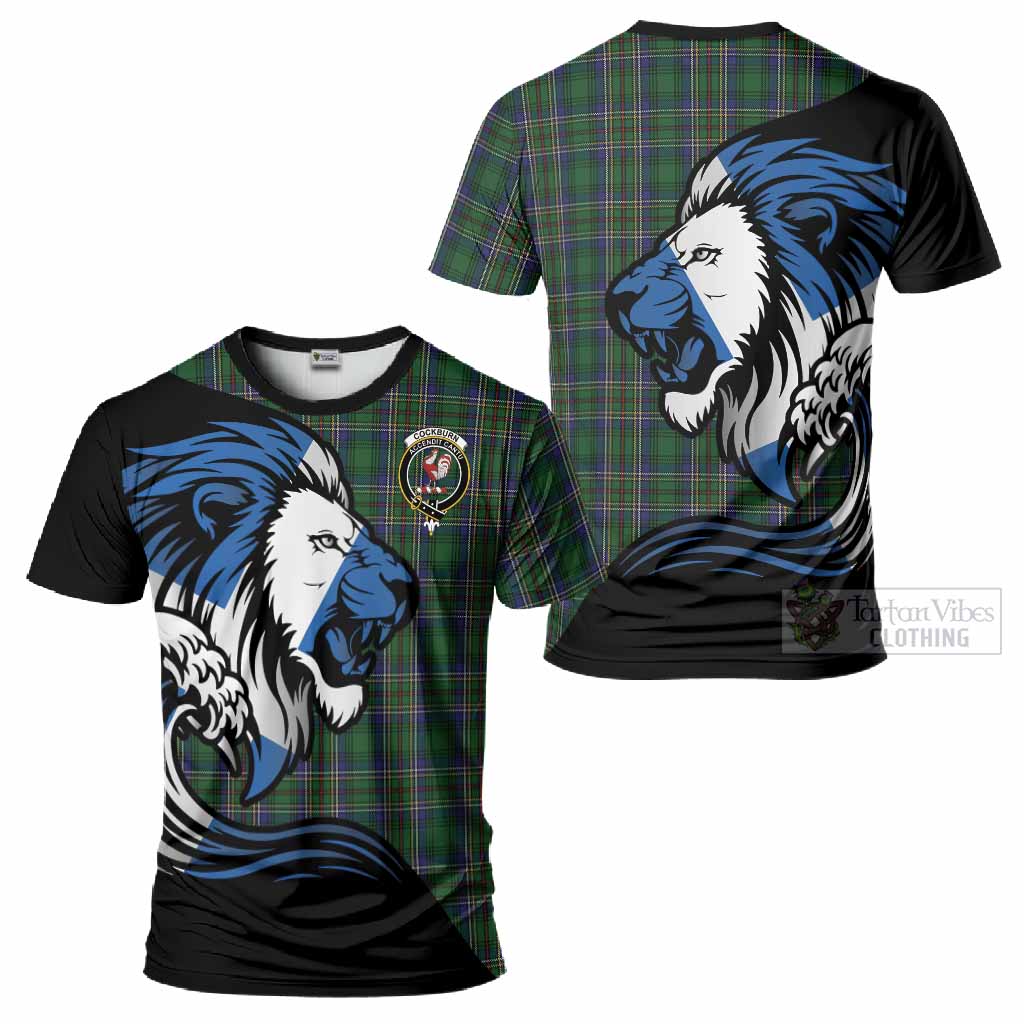 Cockburn Tartan Crest T-Shirt Scottish Golden Lions Wave Flow