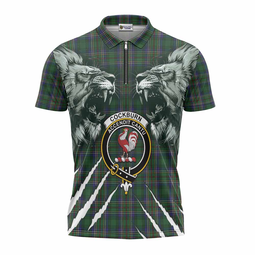 Cockburn Tartan Crest Zipper Polo Shirt Ferocious Lion Style