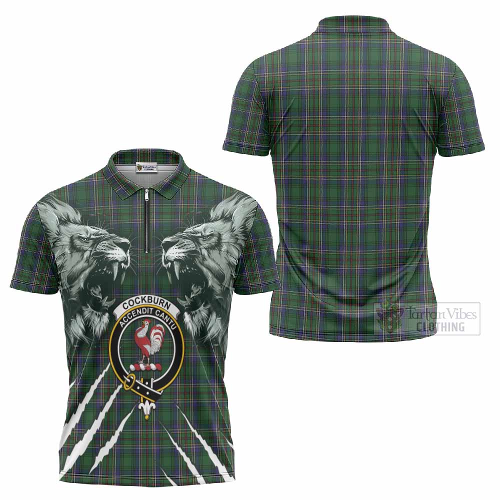 Cockburn Tartan Crest Zipper Polo Shirt Ferocious Lion Style