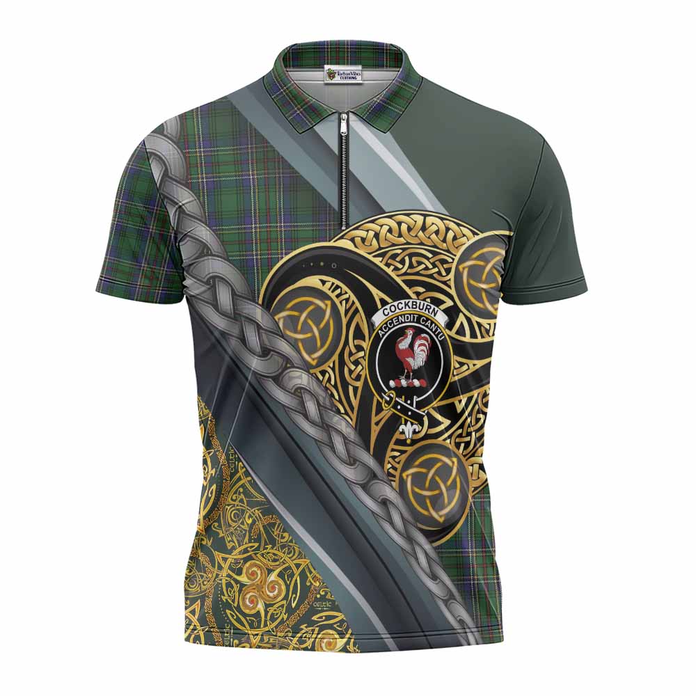 Cockburn Tartan Crest Zipper Polo Shirt Scottish Triskele Celtic