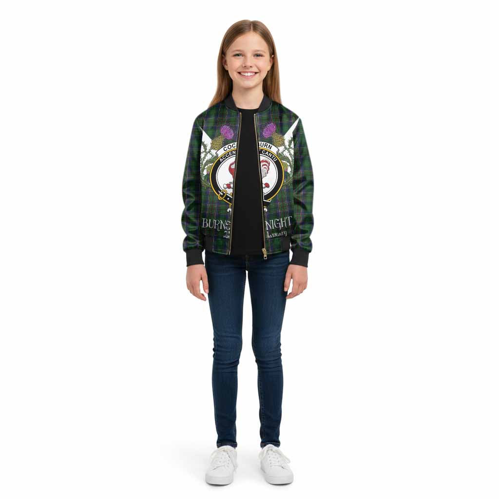 Cockburn Tartan Family Crest Kid Bomber Jacket Scottish Burns Night Thistle Floral
