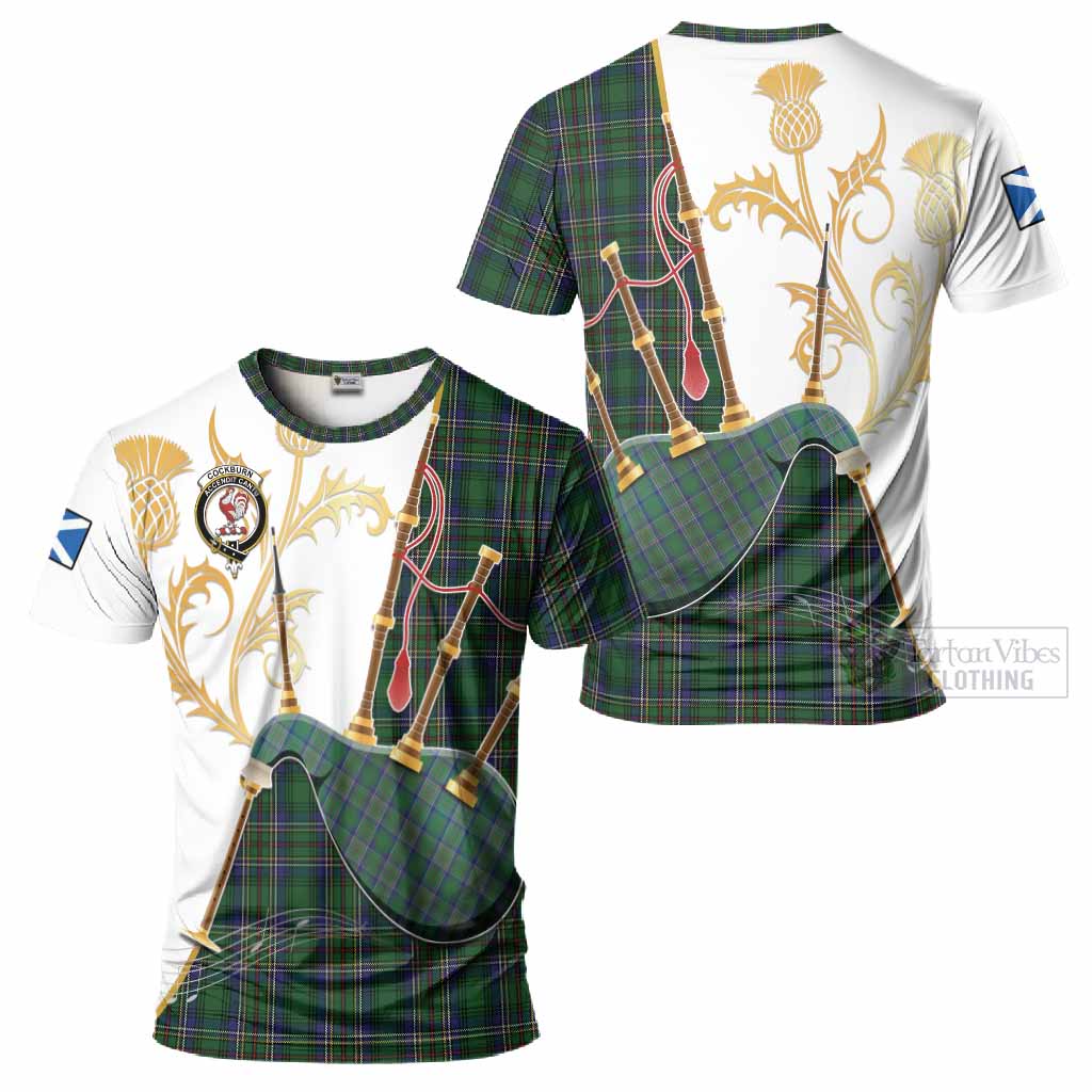 Cockburn Tartan Family Crest T-Shirt Bagpipes with Scottish Thistle